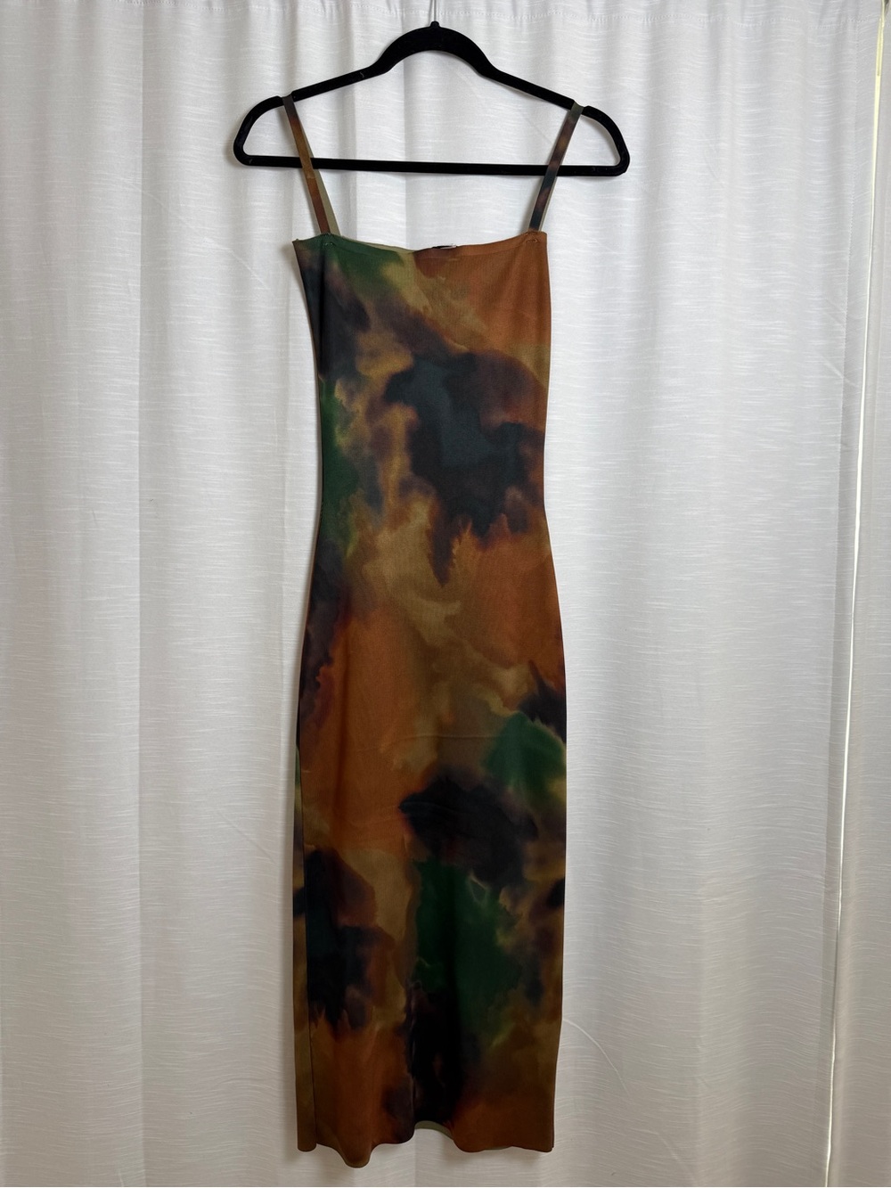 Zara Abstract Print Satin Midi Dress Brown Green Bodycon Slip Dress | Size S - Picture 4 of 13